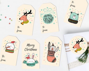 Afdrukbare kerstcadeautags, schattige rendierencadeautags, sneeuwpopkersttags, beercadeautags, kerstprintables kerstcadeauverpakking