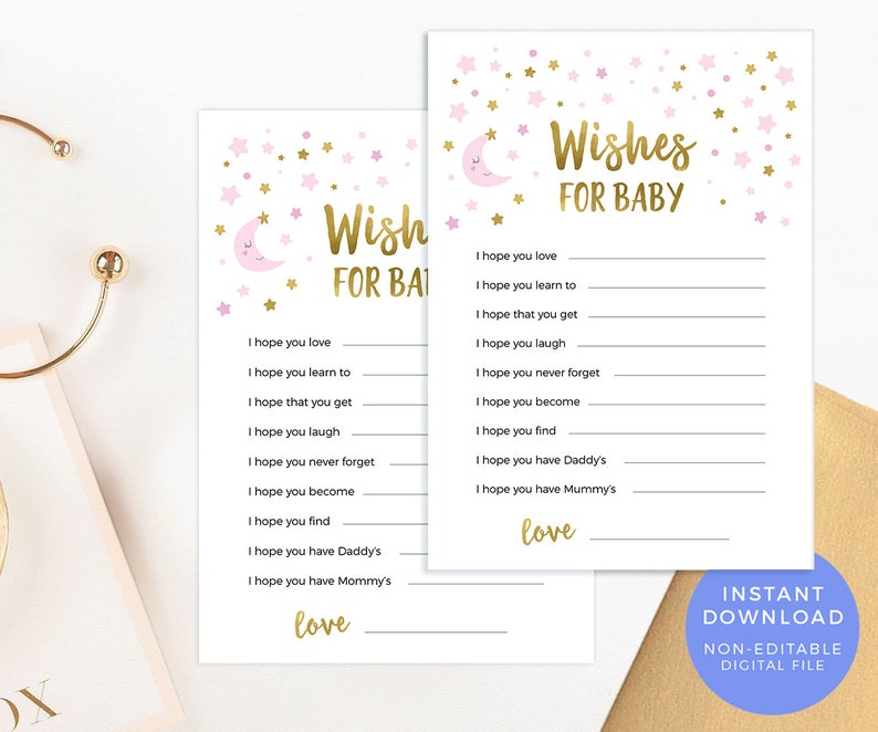 Twinkle Twinkle Wishes for baby game INSTANT download, Pink Baby Shower Game PRINTABLE, Stars Baby Shower decor, Baby sprinkle wishes card image 1