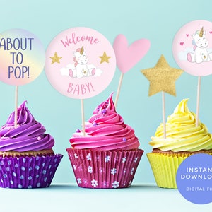 Unicorn baby shower cake toppers, PRINTABLE baby shower labels, Unicorn favour bag labels Unicorn labels Unicorn baby shower decorations pdf image 1