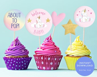 Unicorn baby shower cake toppers, PRINTABLE baby shower labels, Unicorn favour bag labels Unicorn labels Unicorn baby shower decorations pdf
