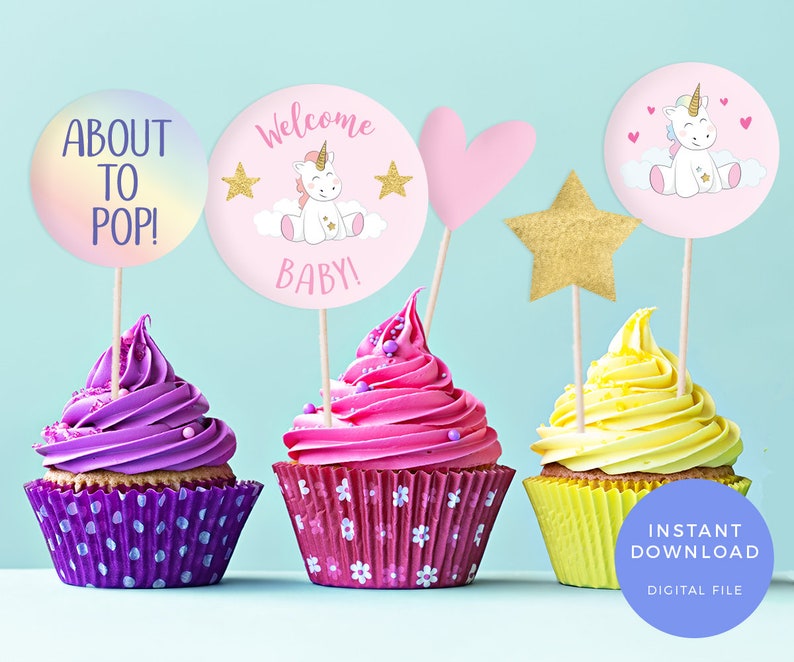 Unicorn baby shower cake toppers, PRINTABLE baby shower labels, Unicorn favour bag labels Unicorn labels Unicorn baby shower decorations pdf image 1