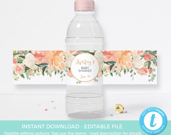 Floral Baby shower water bottle label, PRINTABLE peach birthday party bottle label, vintage party label, rustic Hens party, digital