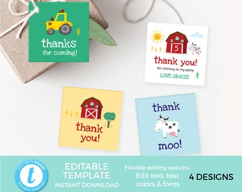 Farm thank you tags EDITABLE TEMPLATE, farm favor tags, barnyard party favour tags, PRINTABLE, party labels, tractor, barn, cow birthday tag