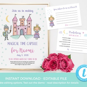 Princess Time Capsule, EDITABLE TEMPLATE Fairytale Time Capsule, Printable Princess Time Capsule Sign 1st birthday, Time capsule cards image 1