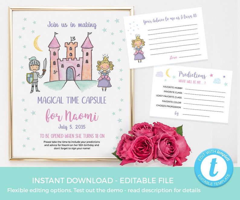 Princess Time Capsule, EDITABLE TEMPLATE Fairytale Time Capsule, Printable Princess Time Capsule Sign 1st birthday, Time capsule cards image 1