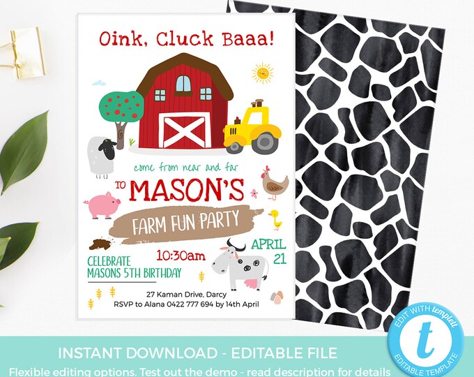 Farm Invitations EDITABLE Template, Farm Birthday Invitations PRINTABLE ...