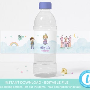 Fairytale water bottle labels, Printable EDITABLE water bottle labels, Template Princess water bottle labels, Princess party decor knight image 1