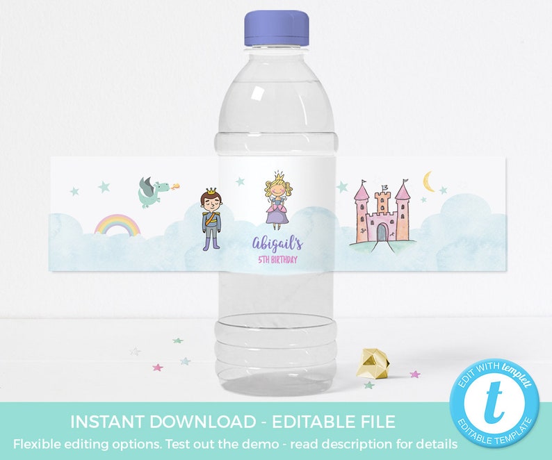 Fairytale water bottle labels, Printable EDITABLE water bottle labels, Template Princess water bottle labels, Princess party decor knight image 1