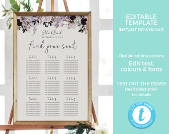 Mauve Table Seating Chart Template, Woodland Baby Shower Seating Chart EDITABLE, Vintage chart PRINTABLE, Anniversary seating plan pdf