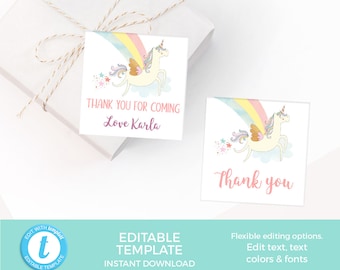 Unicorn tags TEMPLATE, First birthday party tag EDITABLE 1st Birthday favor tag, thank you tag party PRINTABLE, Baby shower Favour gift tag