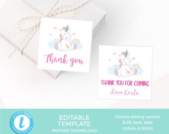 Unicorn tags TEMPLATE, First birthday party tag EDITABLE 1st Birthday favor tag, thank you tag party PRINTABLE, Baby shower Favour gift tag