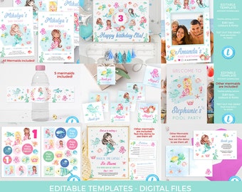 Mermaid invitation pack Editable TEMPLATES, Mermaid Party decor pack instant download, Pool party set, under the sea, birthday baby shower