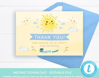 Little sunshine thank you card PRINTABLE, You are my Sunshine 1st birthday TEMPLATE, Summer baby shower EDITABLE first birthday card