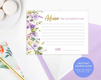 Advice for parents card Printable, Floral Baby Shower Advice card Game, Baby Shower game parents to be advice for mom Gold foil watercolour