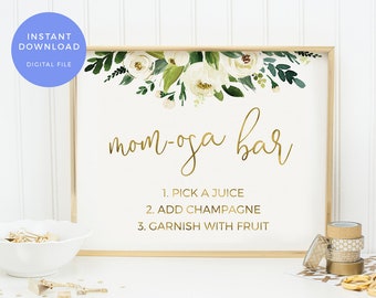 Mom-osa bar sign PRINTABLE. Greenery Momosa sign Baby shower sign INSTANT DOWNLOAD Mum-osa Baby Shower decorations, Mumosa sign, party sign