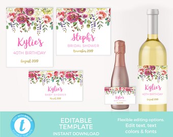 Wine Labels EDITABLE Template 3 SIZES. Mini Champagne Labels Printable Baby Shower, 21st birthday, 30th Birthday Templett 40th Birthday gift