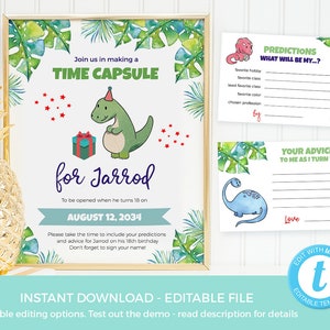 Dinosaur Time Capsule Printable, Tropical 1st birthday Time Capsule EDITABLE template, Sign, Boys Time capsule cards First birthday capsule image 1