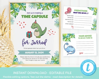 Dinosaur Time Capsule Printable, Tropical 1st birthday Time Capsule EDITABLE template, Sign, Boys Time capsule cards First birthday capsule