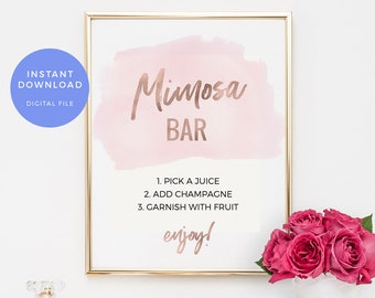 Pink Mimosa bar sign PRINTABLE. Watercolor Mimosa sign Bridal shower sign INSTANT DOWNLOAD Hen Party, Bridal Shower decorations Bachelorette