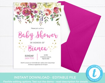 Baby shower invitation template, Floral baby sprinkle invites PRINTABLE, Girl baby brunch invitation editable, high tea party spring garden