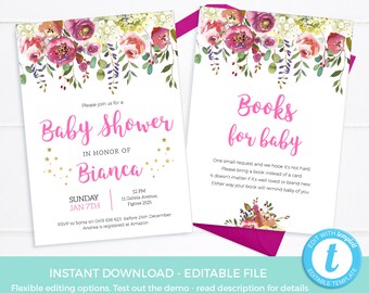 Baby Shower invitation set TEMPLATE, Floral Girl Invitation PRINTABLE, Books for Baby request card, Baby sprinkle invitation EDITABLE set