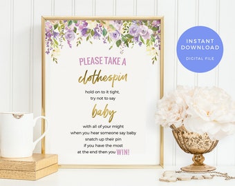 Don't say baby game PRINTABLE, Lilac Floral Baby shower games, Don't say baby sign INSTANT Download Baby shower decorations digital purple