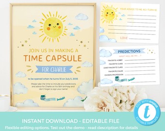 Little Sunshine Time Capsule PRINTABLE, 1e verjaardag Time Capsule BEWERKBAAR, U bent mijn zonneschijn Time Capsule Sign SJABLOON eerste verjaardag