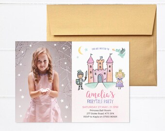 Fairytale Photo invites, Prince and Princess photo invitations, Printable Princess birthday invites Princess castle invitation Knight Dragon