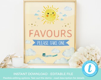 Little Sunshine favours sign PRINTABLE, You are my sunshine party sign TEMPLATE, Sun baby shower sign EDITABLE, 1st birthday first birthday