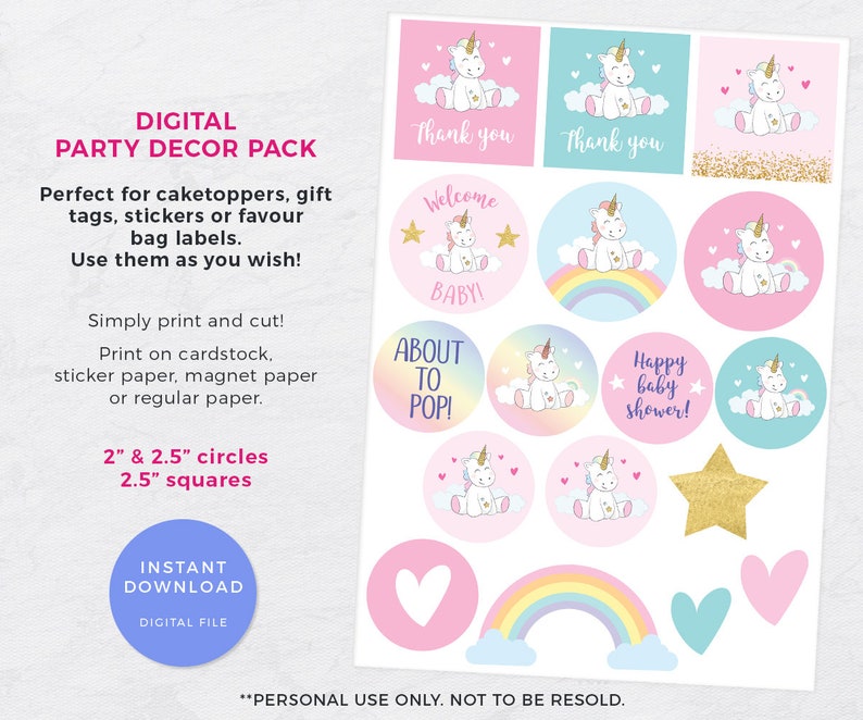 Unicorn baby shower cake toppers, PRINTABLE baby shower labels, Unicorn favour bag labels Unicorn labels Unicorn baby shower decorations pdf image 2