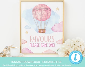 Hot air balloon party sign TEMPLATE, Pink favours sign EDITABLE, Blue party decorations PRINTABLE, boy Baby shower favors sign Christening