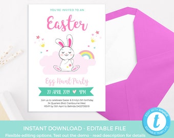 Easter party invitations EDITABLE, Pink Blue Easter Bunny Invitations PRINTABLE, Easter hunt, Rabbit birthday, party invites, First birthday