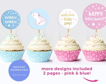 Twinkle twinkle little star cake toppers, Printable. Blue and pink baby shower cake toppers, baby sprinkle labels, favour bag labels digital