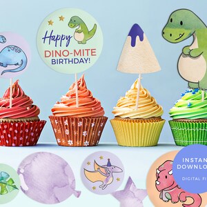 Dinosaur party labels, Printable Dinosaur cake toppers, Dinosaur cupcake topper Dinosaur labels Dinosaur favour bag labels Dinosaur birthday image 1