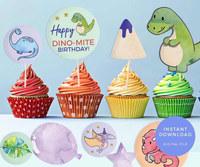 Dinosaur party labels, Printable Dinosaur cake toppers, Dinosaur cupcake topper Dinosaur labels Dinosaur favour bag labels Dinosaur birthday image 1