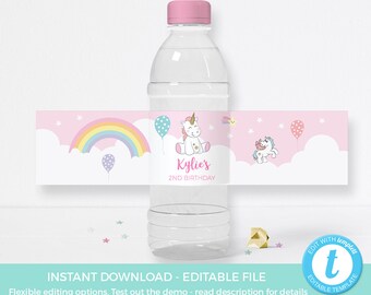 Unicorn bottle labels TEMPLATE, Unicorn water PRINTABLES, EDITABLE Unicorn Party decorations, Party labels, unicorn favors party decor