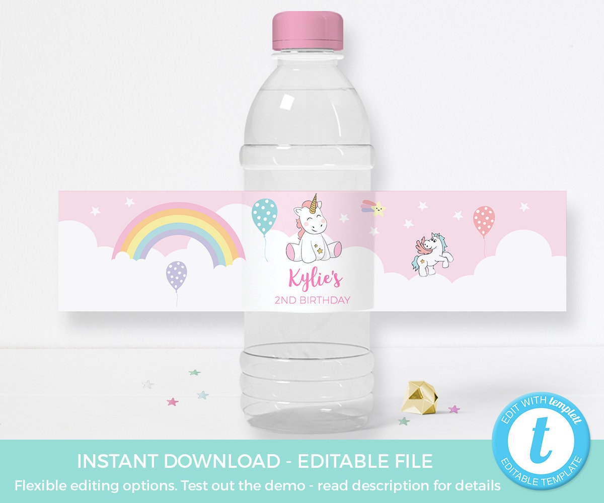 unicorn bottle labels template unicorn water printables etsy