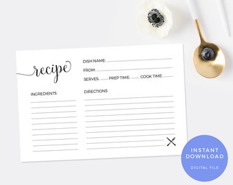 Modern Recipe card, Printable. Bridal Shower Recipe Card DIY Kitchen tea recipe card, Instant download Black recipe card A6 4x6" 5x7" simple