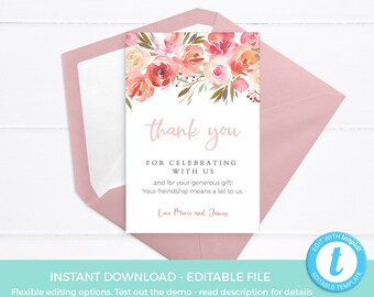 Pink Floral thank you cards EDITABLE template, Blush birthday party cards PRINTABLE, baby shower thanks, 1st birthday, first, sprinkle favor