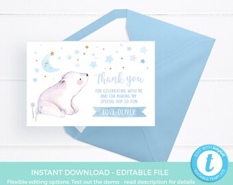 Twinkle twinkle little star thank you cards EDITABLE, bear baby shower cards PRINTABLE, winter purple blue or pink digital party favor cards