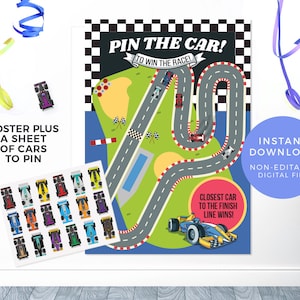 Racing Game INSTANT DOWNLOAD, Pin the car on the Racing track game, PRINTABLE Car games, Racing party games, Car poster Transport party