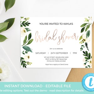 Bridal Shower invite template, Greenery Bridal Shower invitation PRINTABLE, editable INSTANT DOWNLOAD rose gold party Gold shower digital image 2