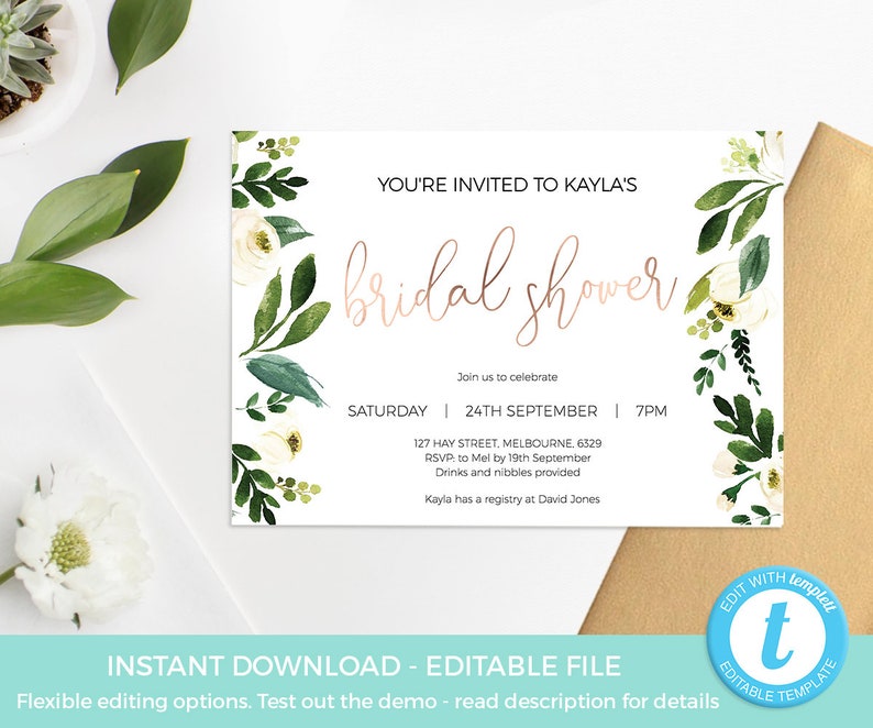 Bridal Shower invite template, Greenery Bridal Shower invitation PRINTABLE, editable INSTANT DOWNLOAD rose gold party Gold shower digital image 2