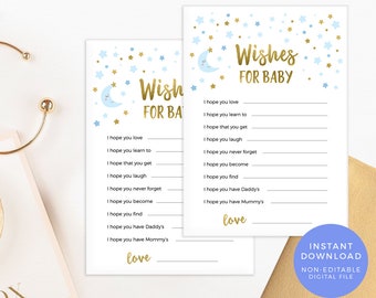 Wishes for baby game PRINTABLE, Blue Baby Shower Game INSTANT download, Stars Baby Shower decor, Baby sprinkle baby wishes card twinkle moon