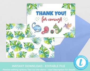 Dinosaur thank you card EDITABLE template, Photo Thank you cards baby shower, Kids birthday party PRINTABLE, 1st birthday thankyou boy first