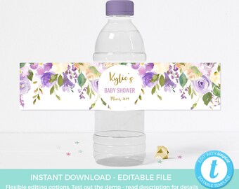 Baby shower water bottle label, Printable Violet Floral bottle label, Personalised Birthday party labels Hens party label Garden party