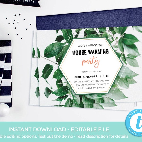 Housewarming invites, PRINTABLE Geometric housewarming invitations EDITABLE template, Greenery party invites, Plant house warming invitation