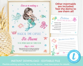 Mermaid Time Capsule EDITABLE template, Pool Party Time Capsule Sign and cards PRINTABLE, Under the sea, 1st birthday, Ocean theme first
