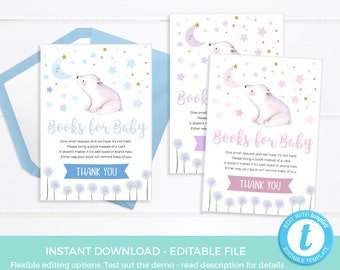 Pink, Purple, Blue Stars Books for Baby Card PRINTABLE, Twinkle twinkle little star Baby shower book request card editable TEMPLATE sprinkle