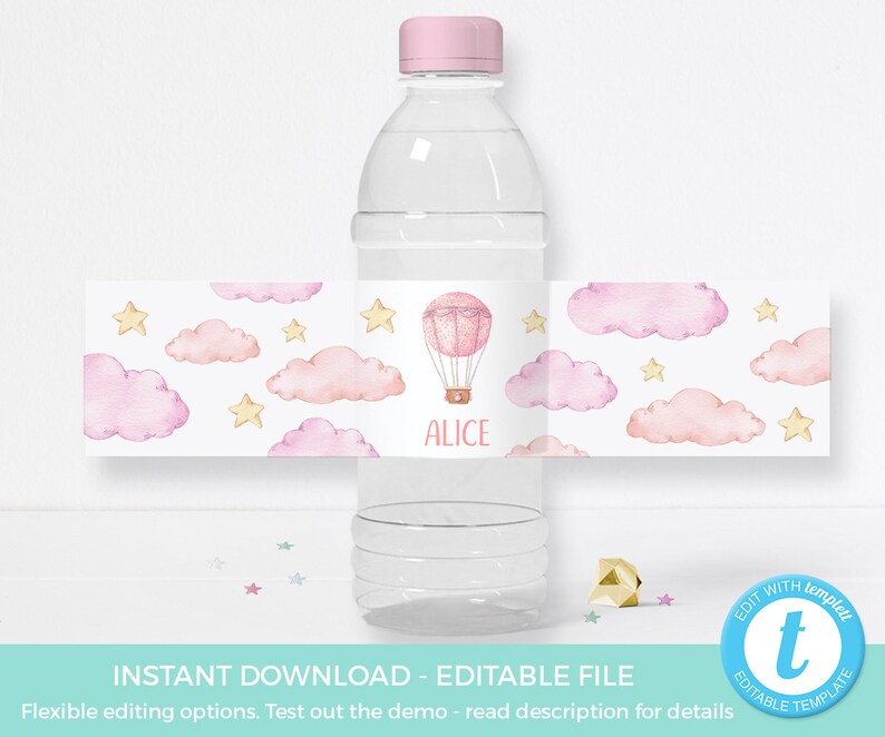 Hot Air Balloon Water Bottle Labels PRINTABLE Editable 1st Etsy
